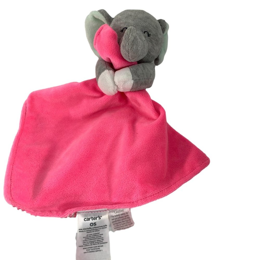 Carters Gray Elephant Pink Lovey Plush Rattle Stripe Satin Underside Baby Toy
